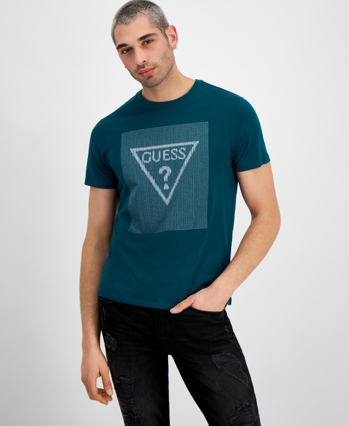 Guess Men's Stitch Triangle Logo Short-sleeve Crewneck T-shirt In Sea Of Jade