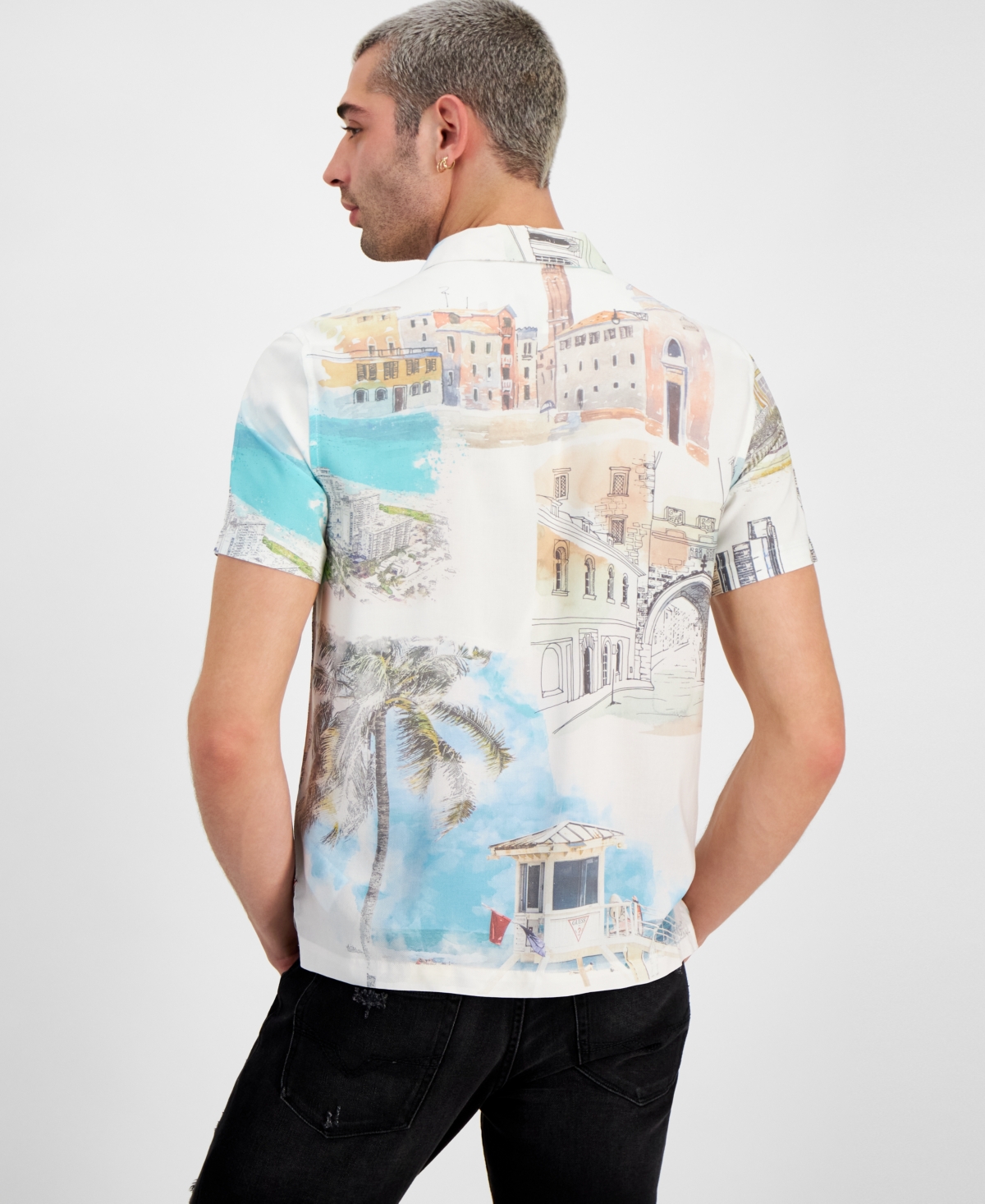 Shop Guess Men's Regular-fit Riviera Graphic Shirt In Riviera Postcard