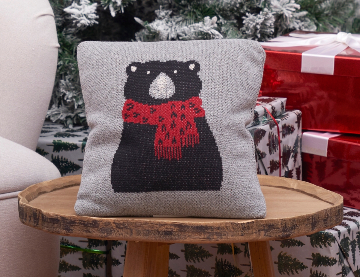 10" x 10" Winter Black Bear Wearing Red Scarf on Gray Background Cotton Knit Petite Accent Throw Pillow