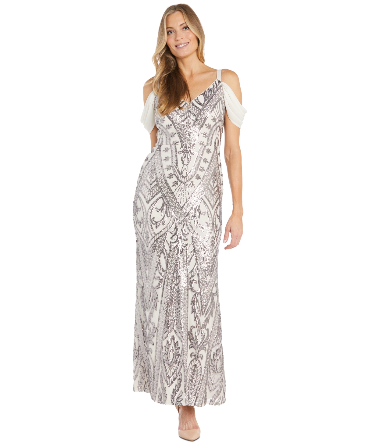 Women's Sequin Embellished Draped Sleeve V-Neck Gown - Ivory/Pewter