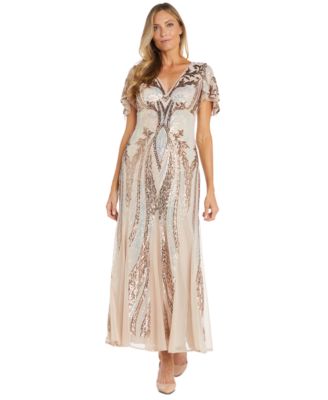 R & M Richards - Women's Sequin Embellished Flutter-Sleeve V-Neck Gown