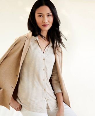 Women's Plus Size Long Sleeve Wide Rib Button Front Polo Shirt