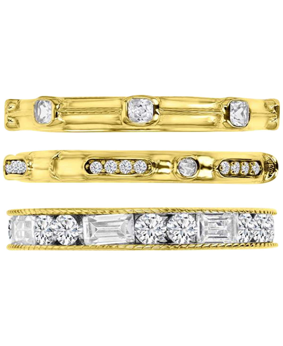 Shop Macy's 3-pc. Set Cubic Zirconia Round & Baguette Polished Stack Rings In Gold