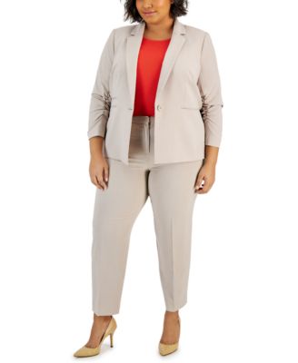 Shop Tahari Asl Plus Size Ruched Sleeve Blazer Ankle Pants In Sand