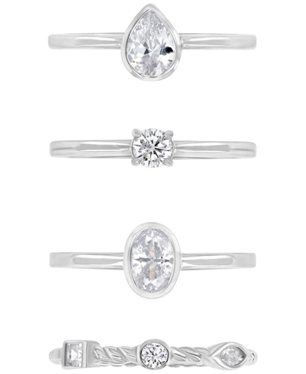 Shop Macy's 4-pc. Set Cubic Zirconia Mixed-cut Bezel & Claw Set Stack Rings In Silver