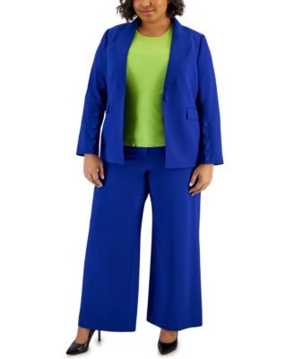 Tahari Asl Plus Size One Button Blazer Knit Top Wide Leg Pants In Cobalt