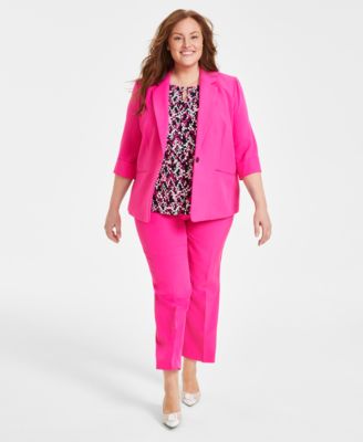 Kasper Plus Size One Button Jacket Printed Pleat Neck Top Pants In Black,pink Perfection