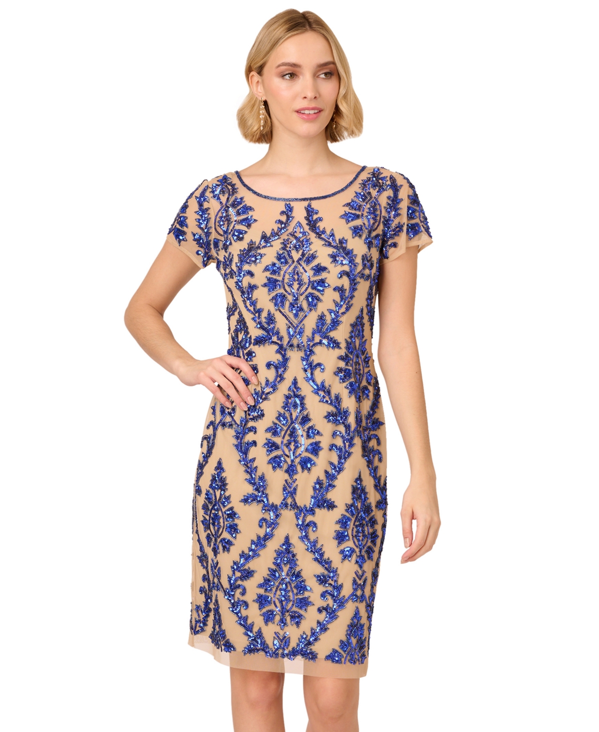 Shop Adrianna Papell Women's Embellished Short-sleeve Dress In Champagne