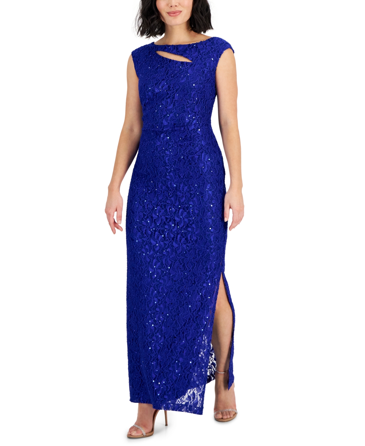 Connected Petite Sleeveless Embellished Lace Gown In Cobalt Blue
