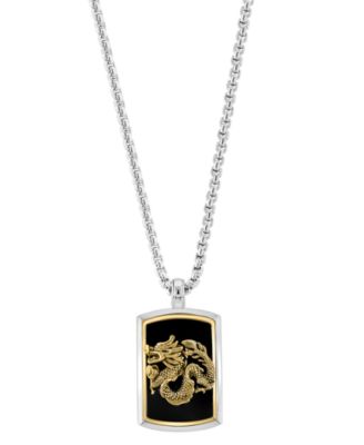 EFFY Collection - Men's Onyx Dragon Dog Tag 22" Pendant Necklace in Sterling Silver & 14k Gold-Plate