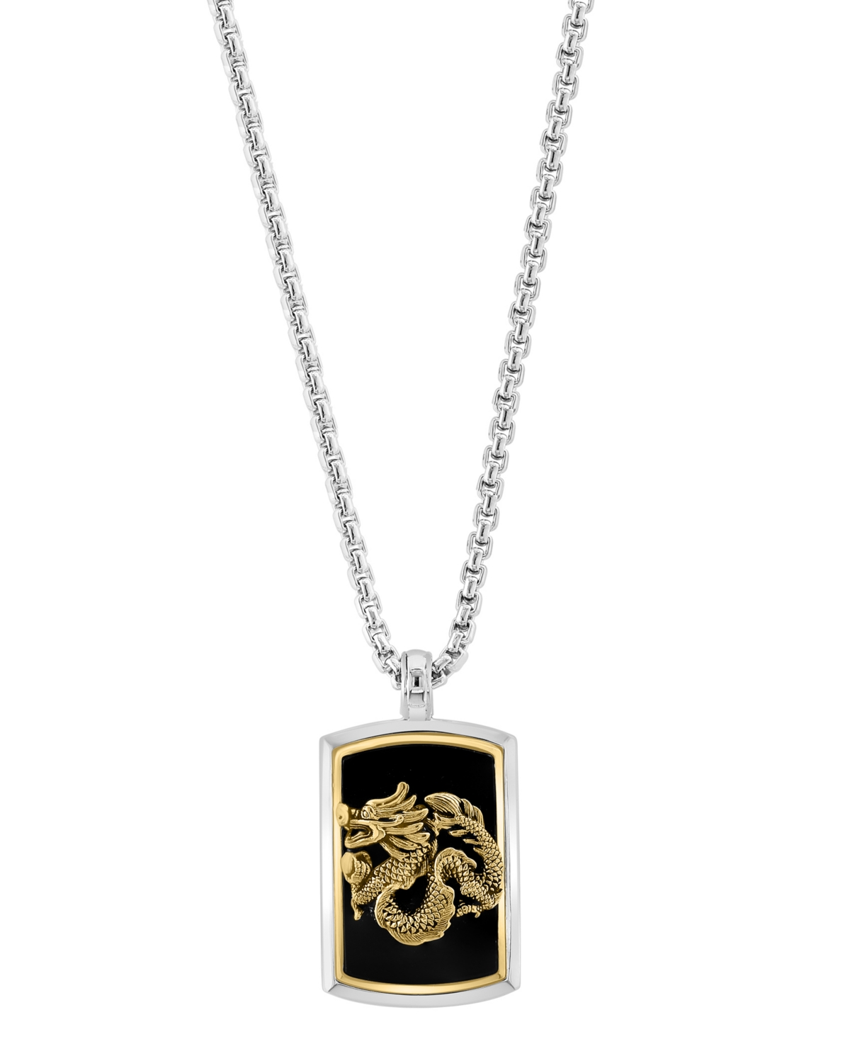 Effy Collection Effy Men's Onyx Dragon Dog Tag 22" Pendant Necklace In Sterling Silver & 14k Gold-plate