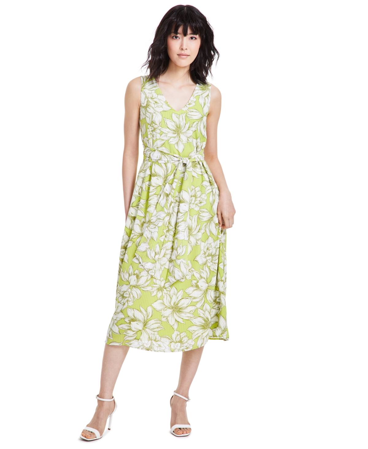 Shop Anne Klein Women's Printed Belted Midi Dress In Sprout,bright White