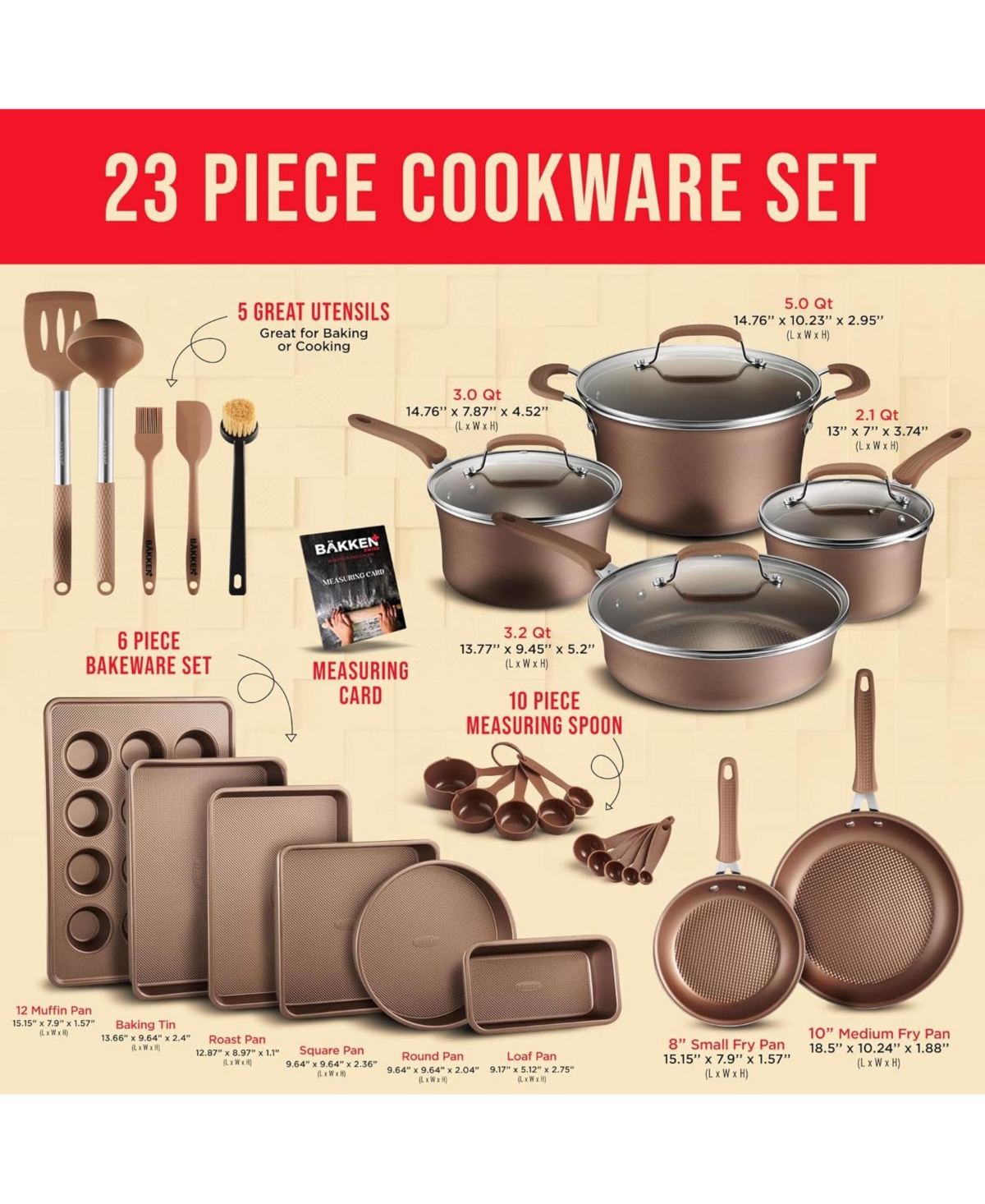 Cookware Set - Piece - Multi-Sized Cooking Pots with Lids, Skillet Fry Pans and Bakeware - Reinforced Pressed Aluminum Metal - Suitable for Gas, El