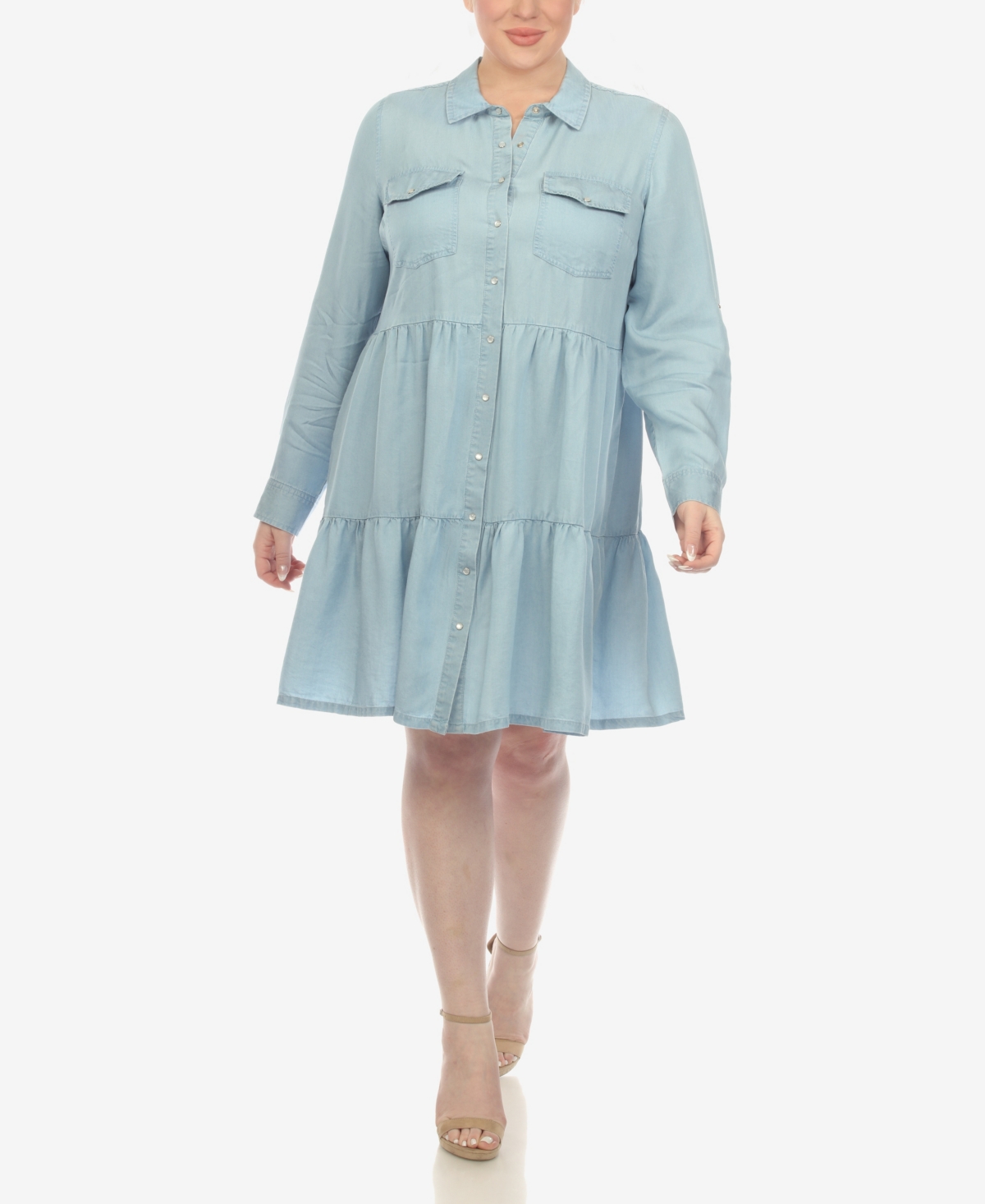 Plus Size Long Sleeve Tiered Midi Shirt Dress - Denim Blue