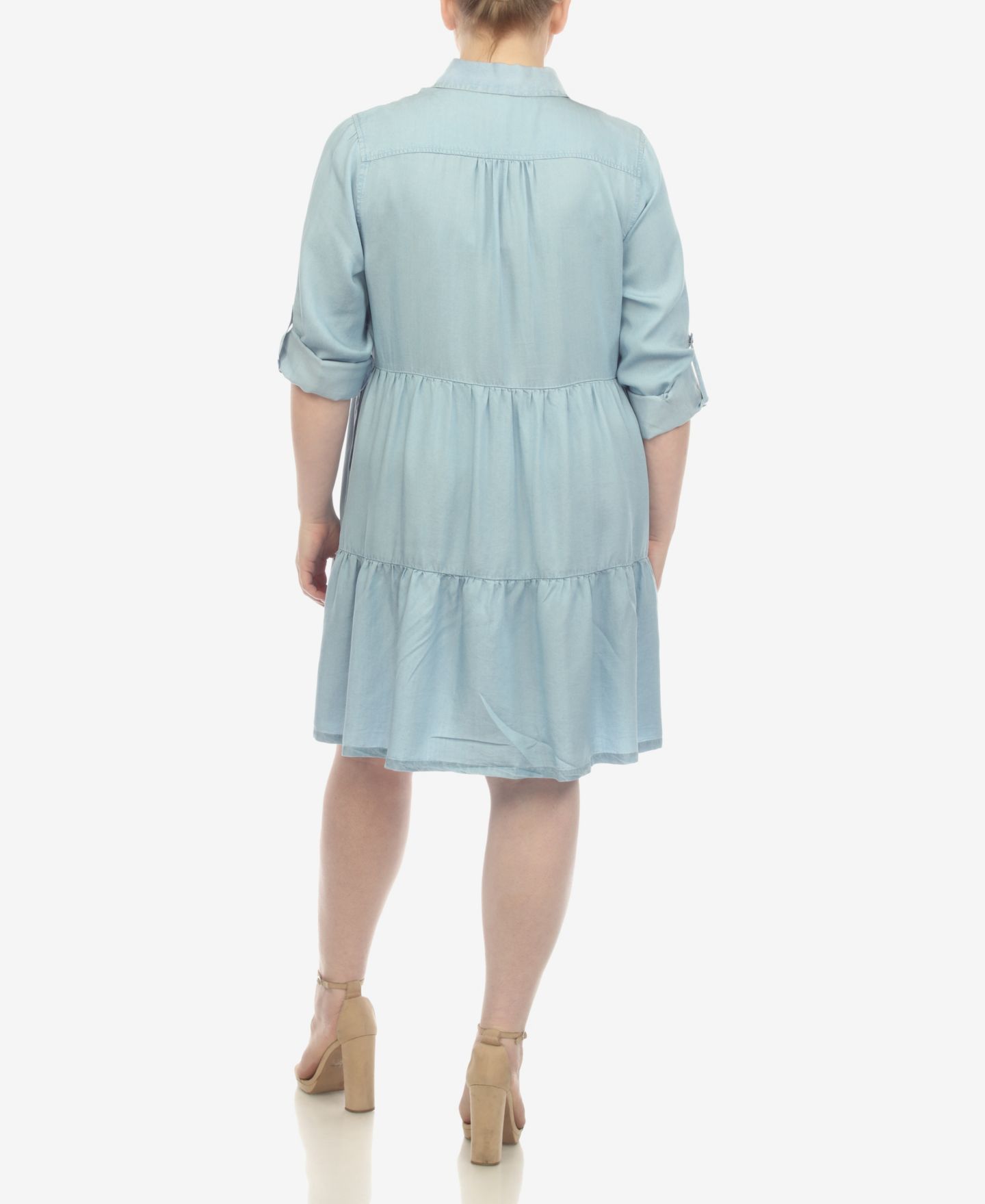 Женское платье White Mark Plus Size Long Sleeve Tiered Midi Shirt Dress, цвет: Джинсовый синий — фото 2