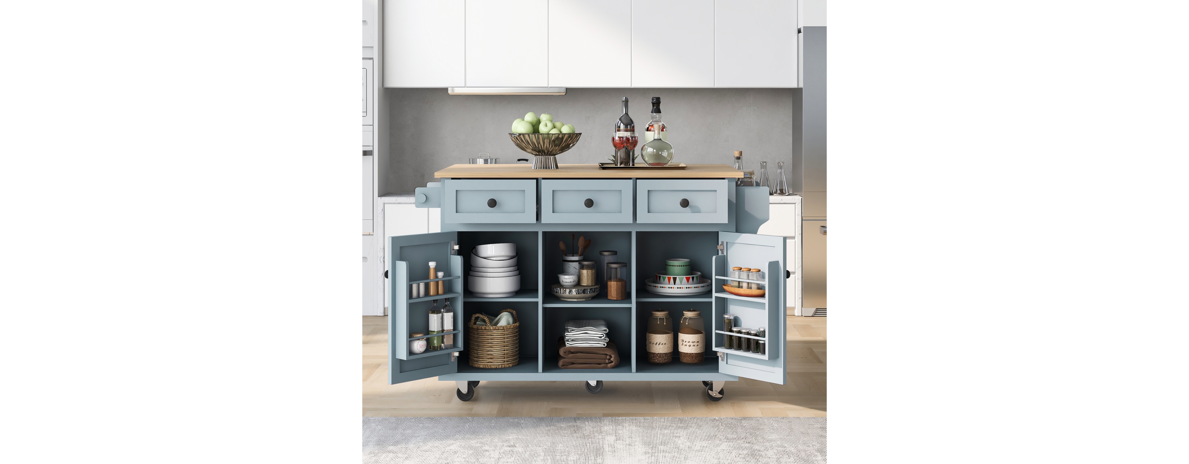 Simplie Fun Blue Kitchen Cart with Drop-Leaf Countertop and Storage