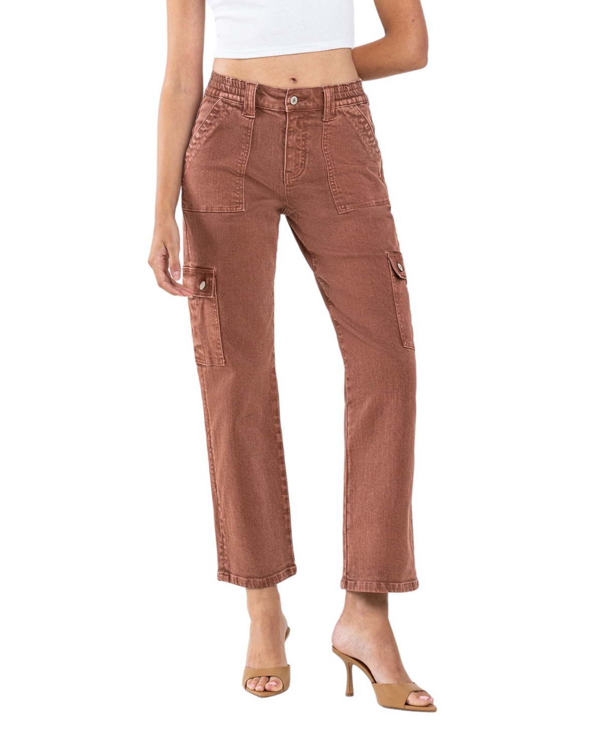 Women's High Rise Cargo Straight Jeans - Red brick