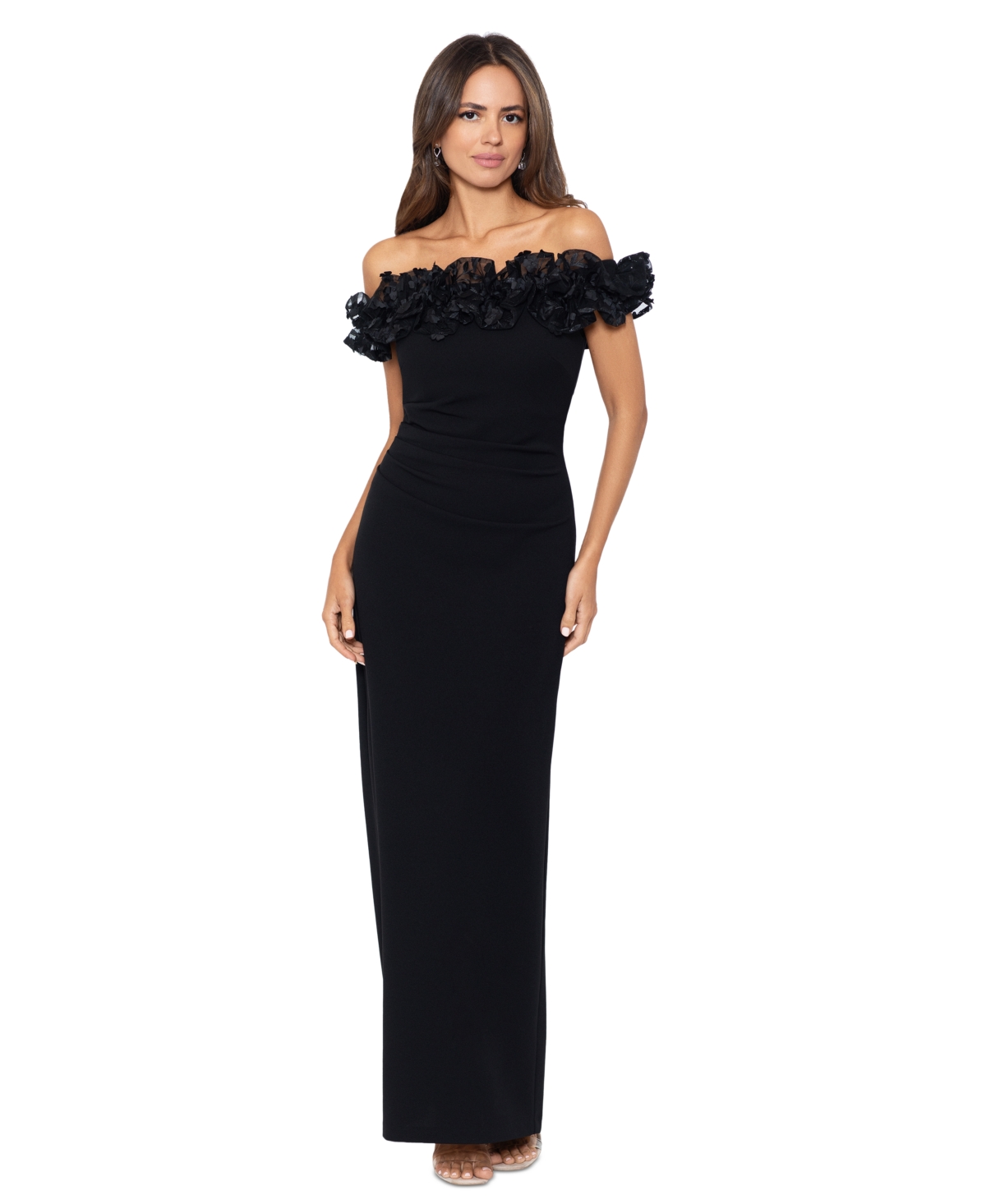 Xscape Petite Floral-applique Off-the-shoulder Gown In Black