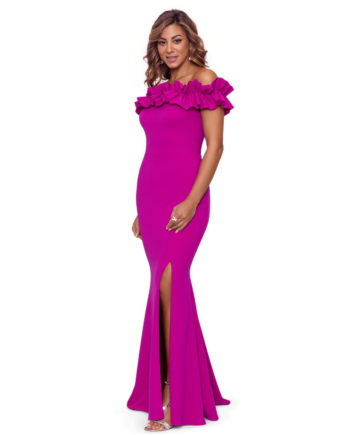 Shop Xscape Petite Ruffled Off-the-shoulder Gown In New Fushia