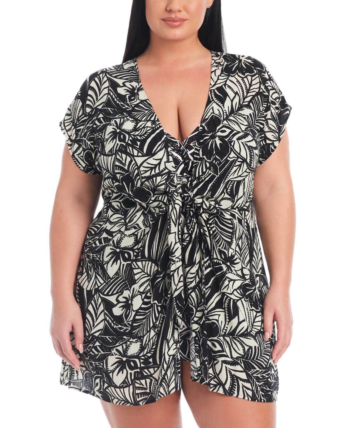 Plus Size Ciao Bella Tie-Front Caftan Cover-Up - Black