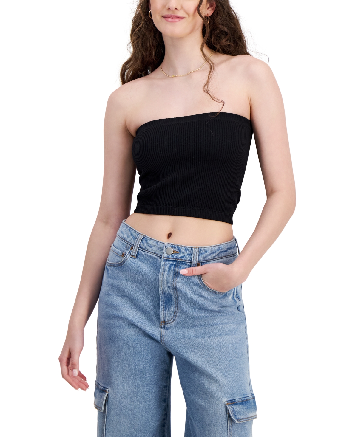 Shop Hippie Rose Juniors' Seamless Cropped Tube Top In Black