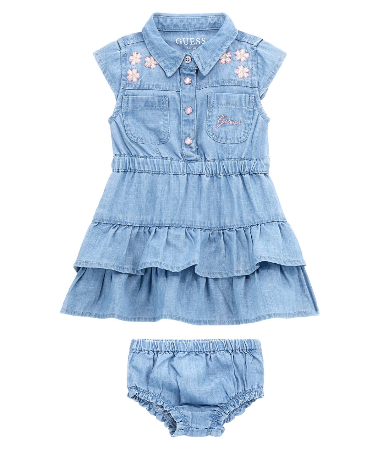 Shop Guess Baby Girls Cap Sleeve Denim Dress With Ruffle Tier Skirt In Blue
