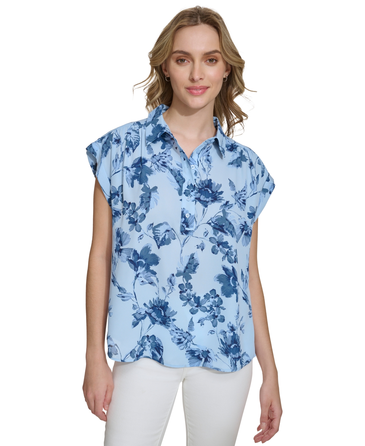 Calvin Klein Women's Short-sleeve Printed Button Front Shirt In Breeze Multi