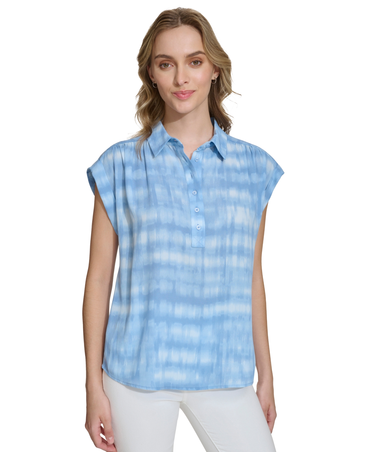 Calvin Klein Women's Short-sleeve Printed Button Front Shirt In Bayou White