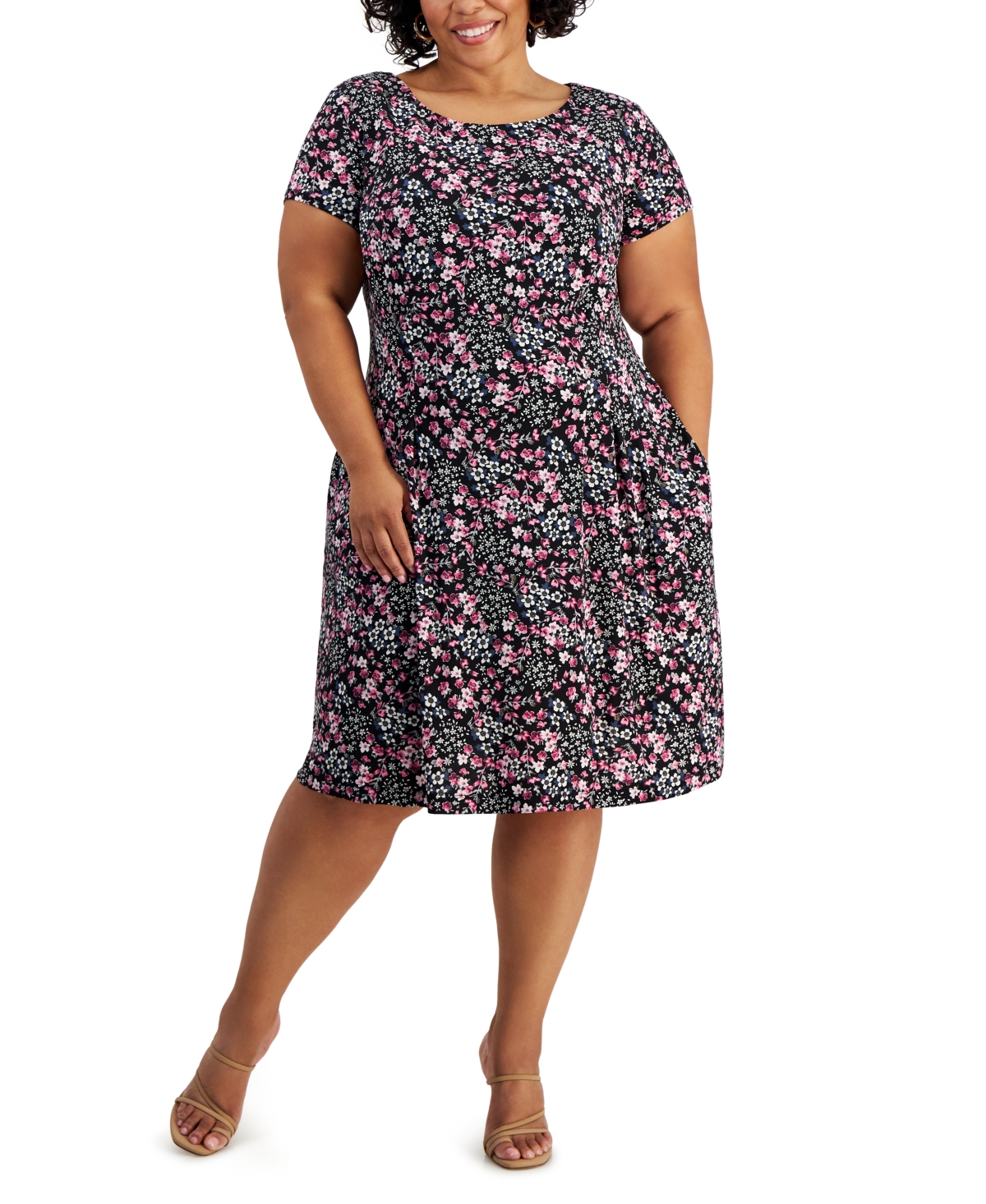 Plus Size Printed Fit & Flare Short-Sleeve Dress - Berry