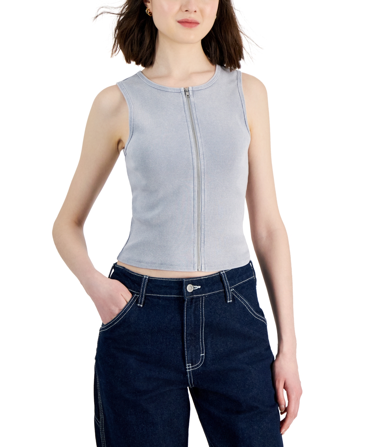 Juniors' Zip-Front Mineral Washed Tank - Sleet