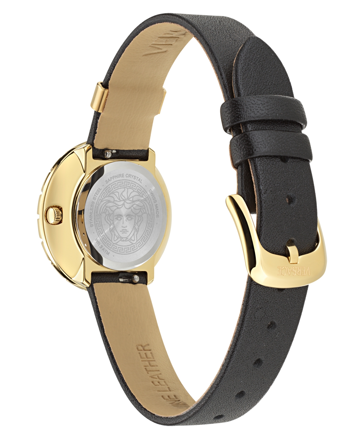 Shop Versace Women's Swiss Black Leather Strap Watch 28mm In Gold