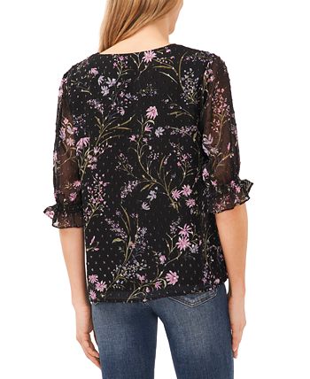 CeCe Women's Metallic Floral Print Ruffled Blouson Sleeve Top