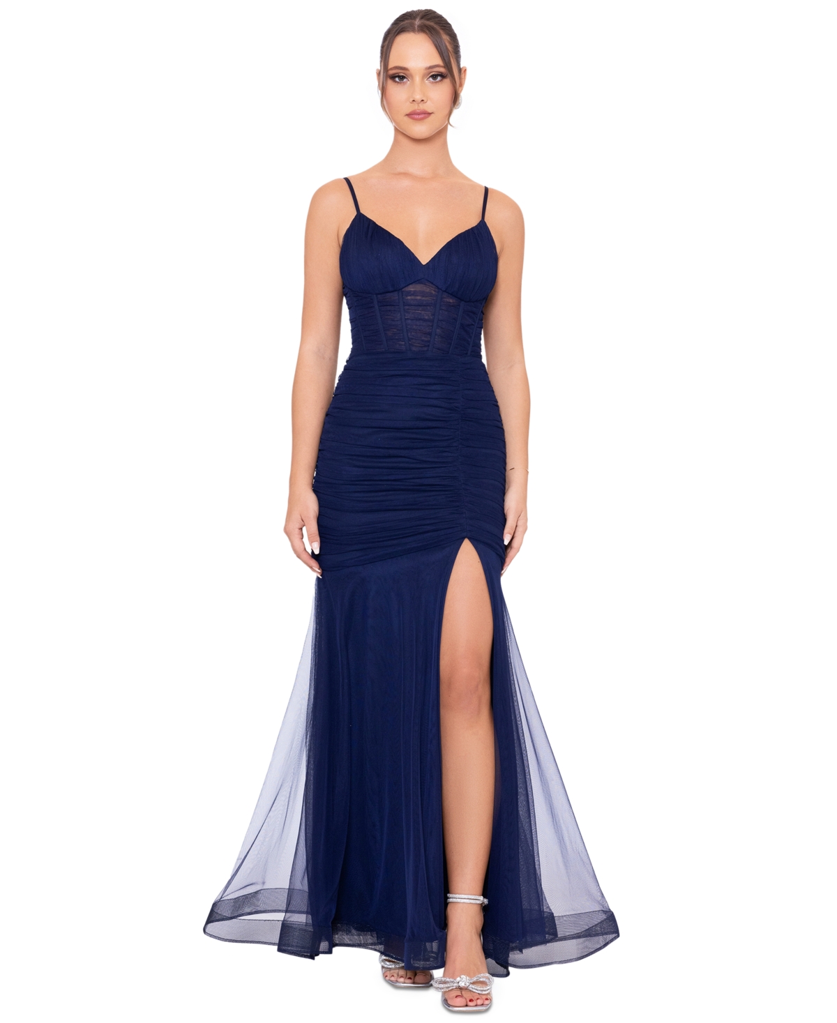 Juniors' Ruched Sweetheart-Neck Corset Gown - Navy