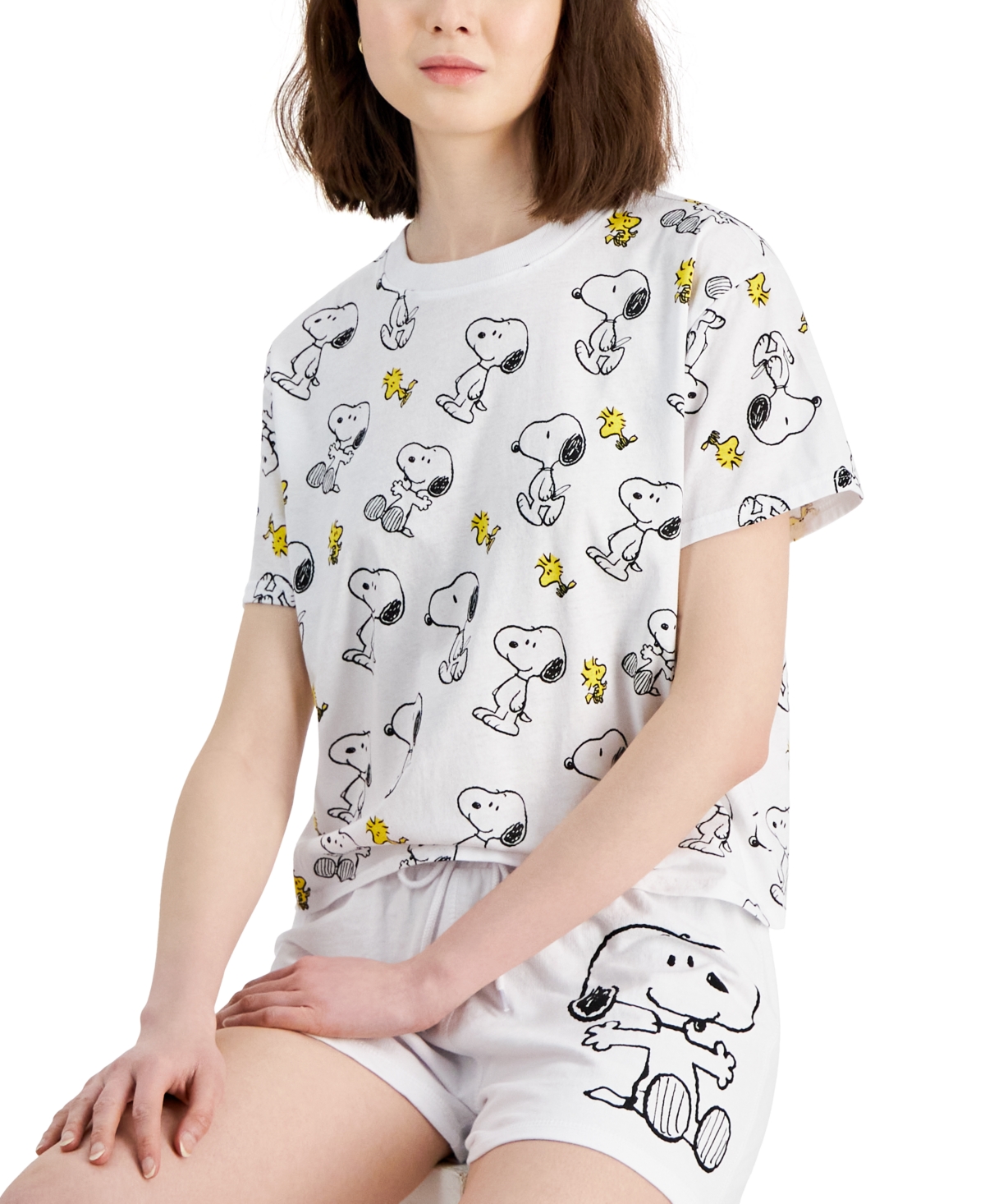 Shop Snoopy Juniors'  Crewneck Short-sleeve T-shirt In White