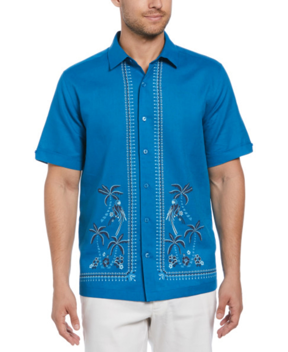 Cubavera Men's Short Sleeve L-shaped Tropical Print Linen Blend Button-front Shirt In Mykonos Blue