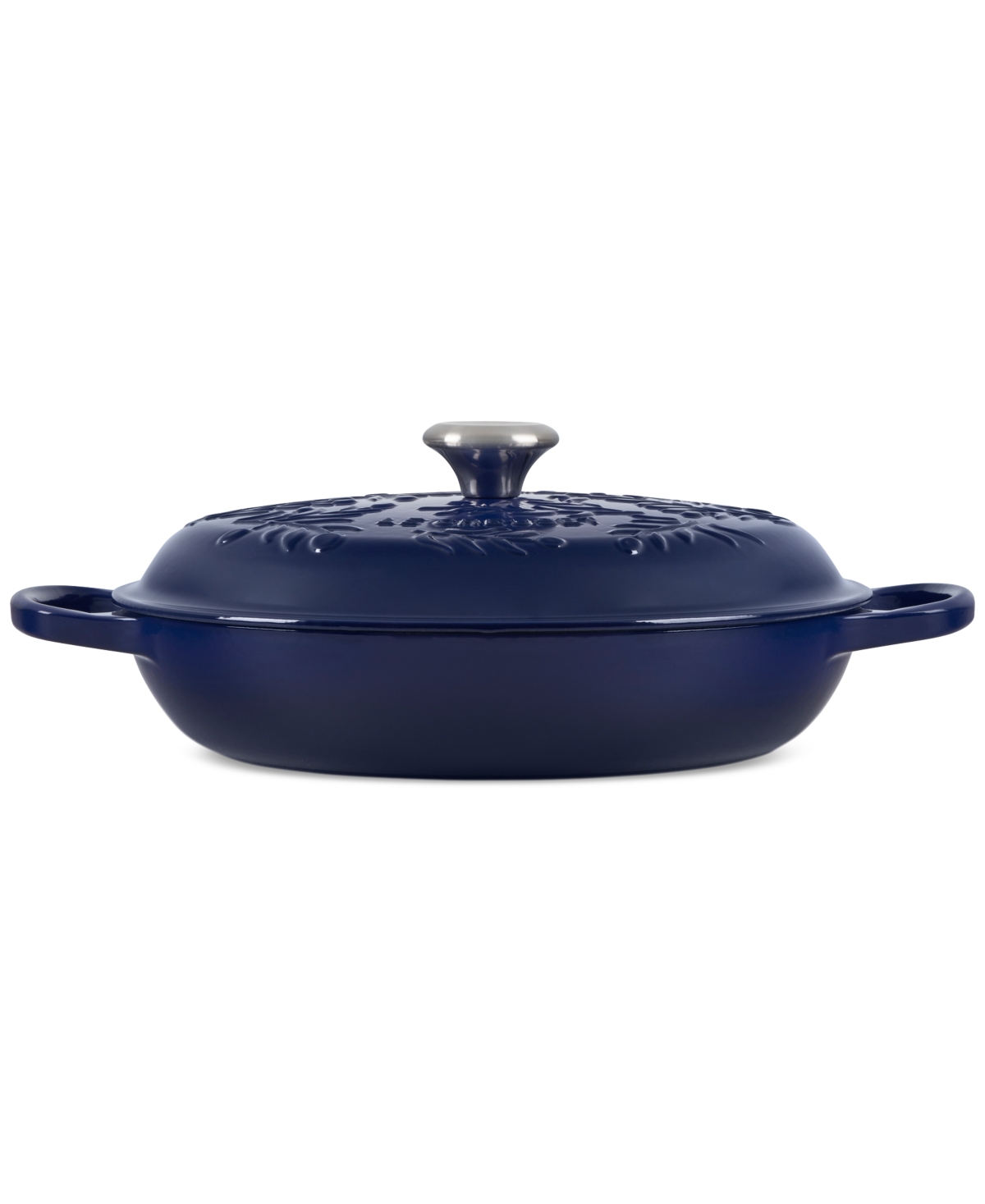 Shop Le Creuset Cast Iron Braiser With Embossed Olive Branch, 3.5 Qt In Indigo