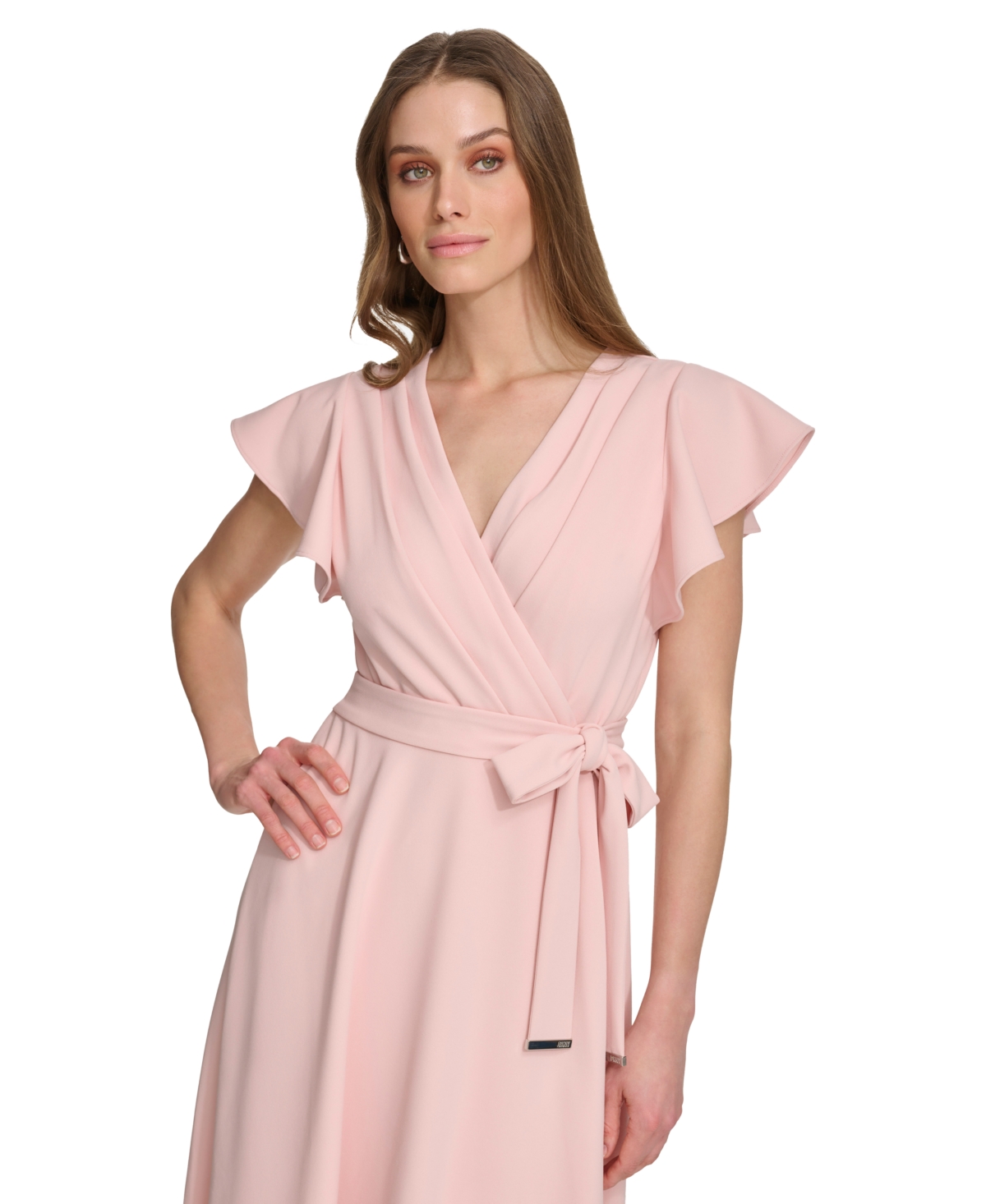 Shop Dkny Women's Flutter-sleeve Tie-waist Faux-wrap Dress In Powder Pink