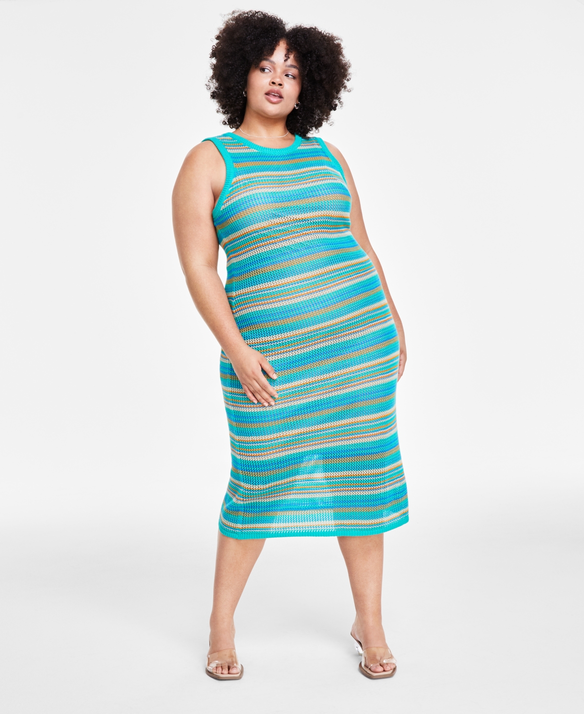 Trendy Plus Size Sleeveless Crochet Midi Dress, Created for Macy's - Stripe