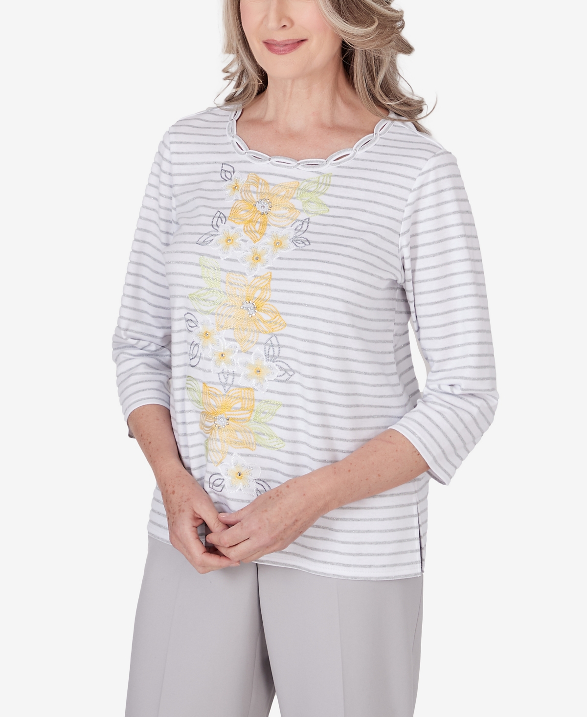 Alfred Dunner Petite Charleston Striped Floral Embroidered Top