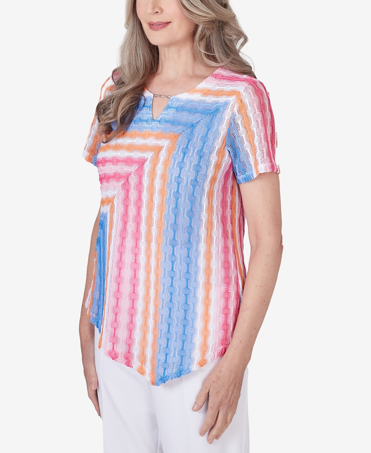 Alfred Dunner Petite Paradise Island Short Sleeve Spliced Stripe Top
