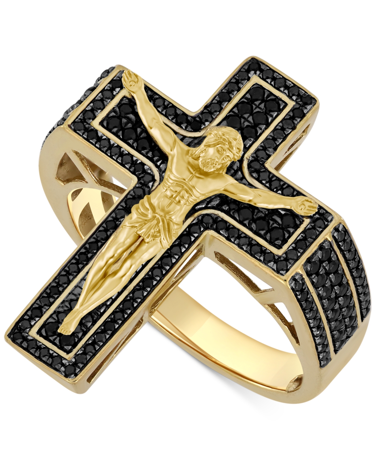 Macy's Men's Black Diamond Pave Crucifix Ring (3/4 Ct. T.w.) In 10k Gold In Yellow Gold