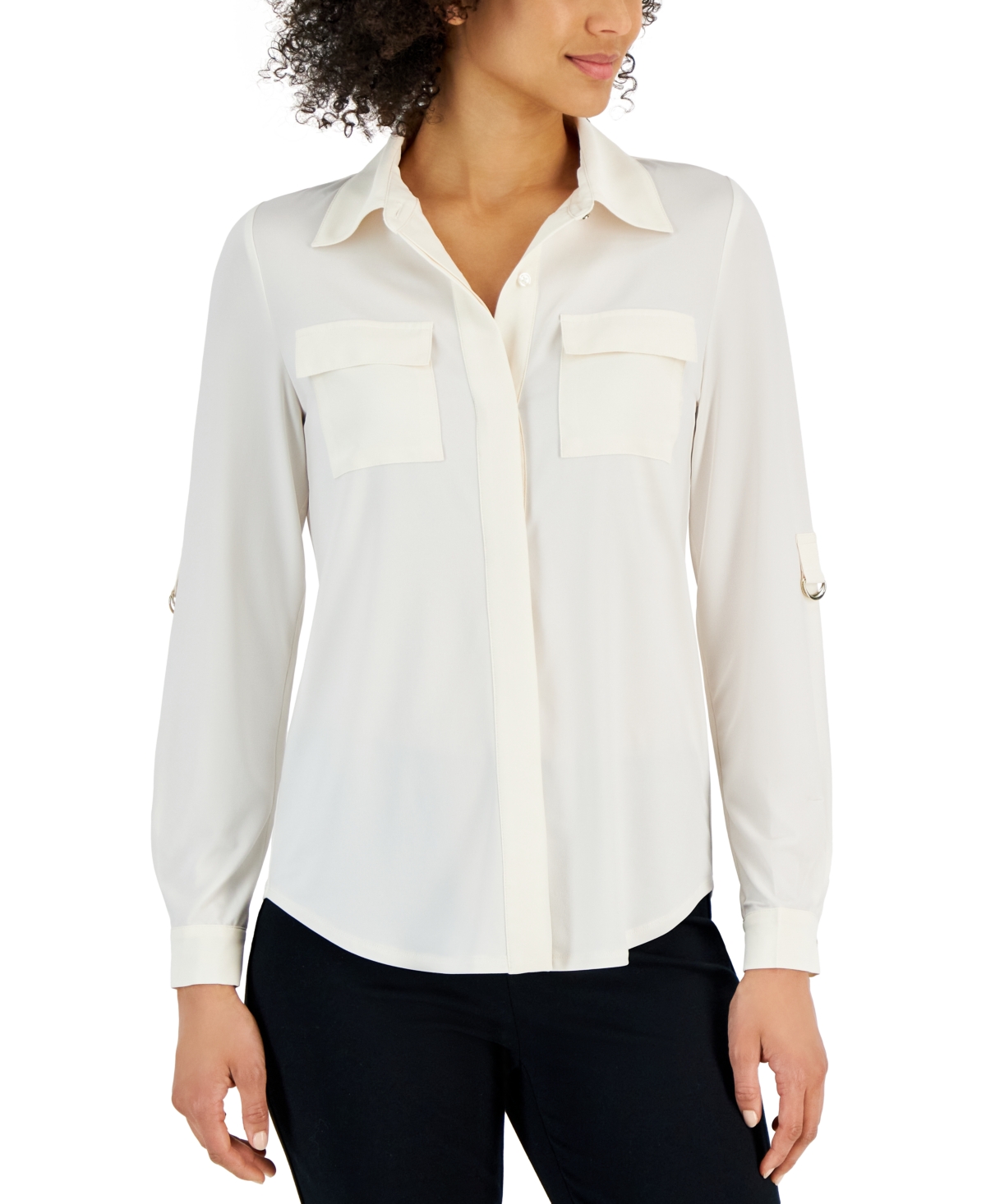 Shop Anne Klein Women's Convertible-sleeve Utility Shirt In Anne White