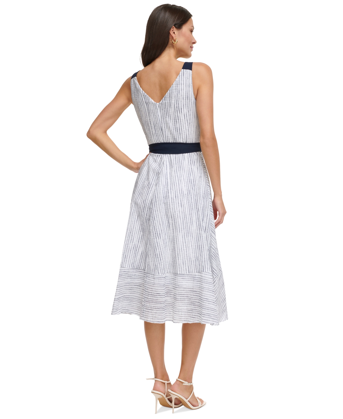 Shop Dkny Women's Striped-cotton Tie-waist V-neck Midi Dress In Ivory,blue
