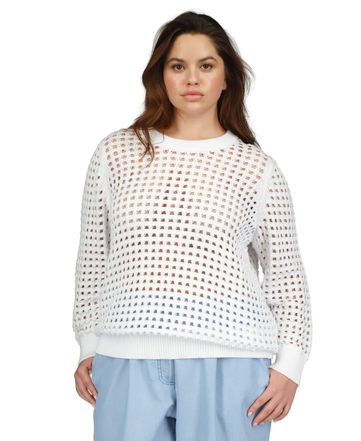 Shop Michael Kors Michael  Plus Size Cotton Openwork Mesh Sweater In White