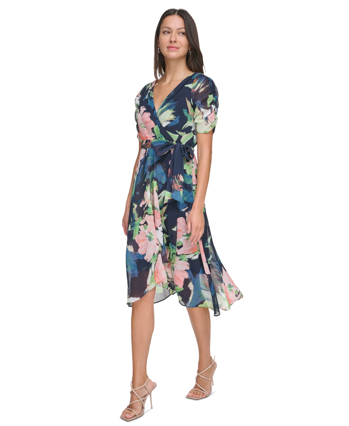 Dkny Women's Floral Tie-waist Ruched-sleeve Dress In Navy Multi