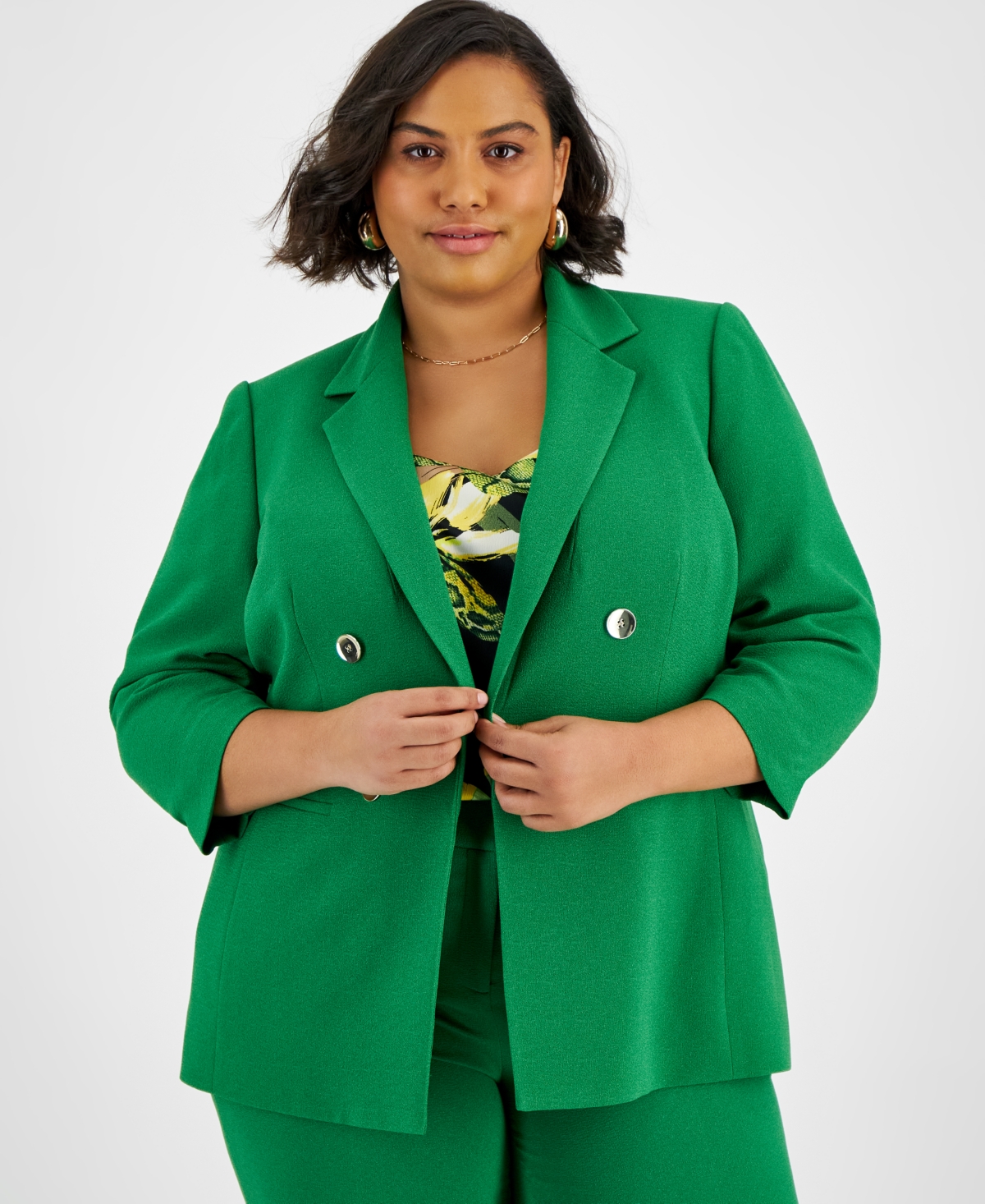 Shop Bar Iii Plus Size Faux Double-breasted Ruched-sleeve Blazer, Created For Macy's In Green Chili