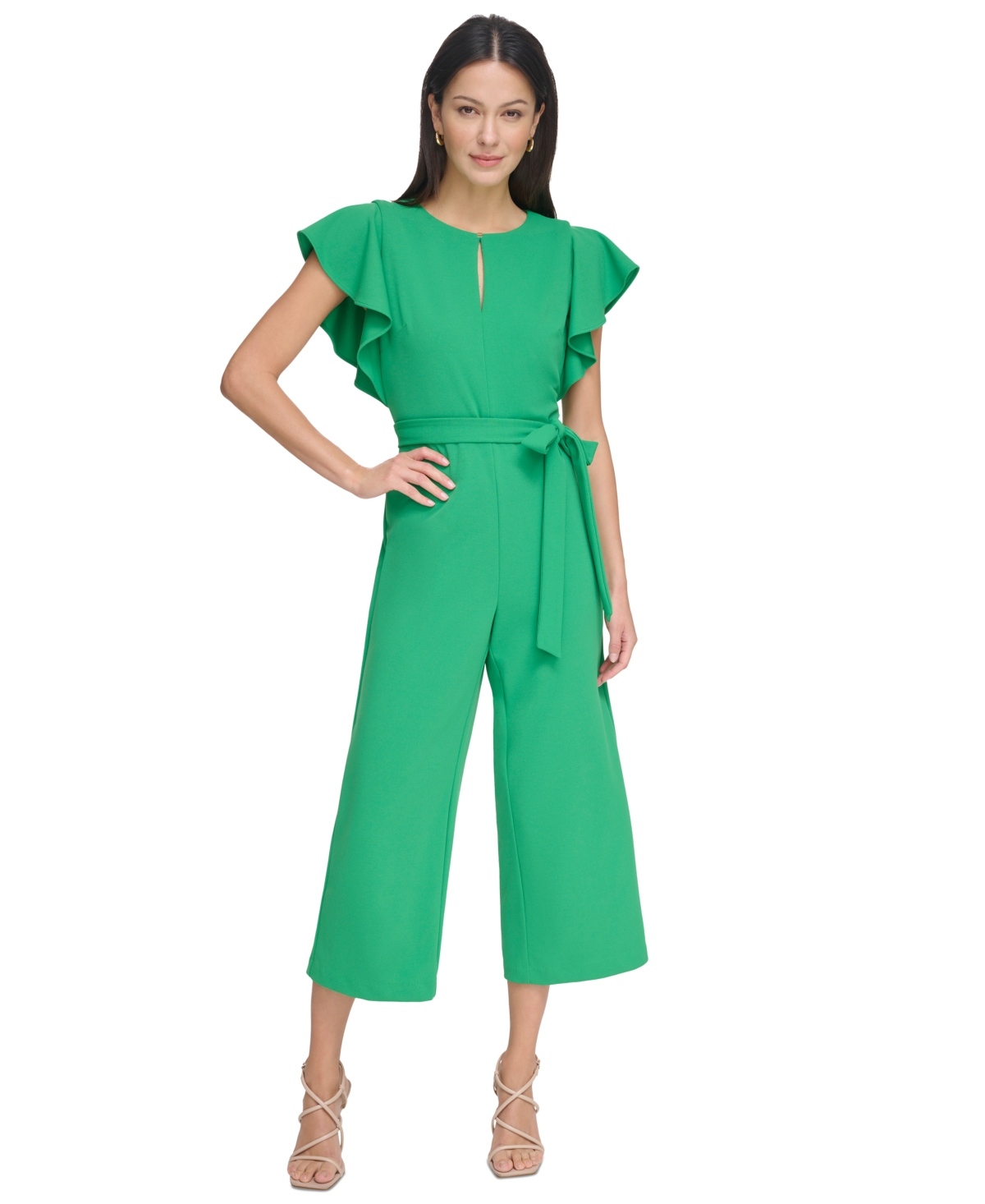 Shop Dkny Women's Keyhole-neck Flutter-sleeve Belted Jumpsuit In Apple Green