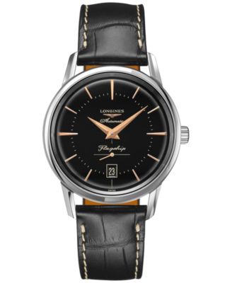 Longines - Men's Swiss Automatic Flagship Heritage Black Leather Strap Watch 38mm