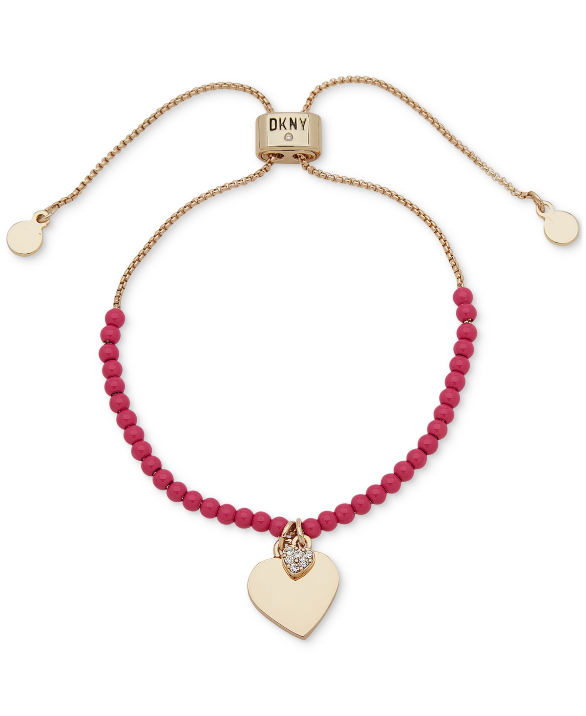 Shop Dkny Gold-tone Pave Heart Charm Beaded Slider Bracelet In Pink