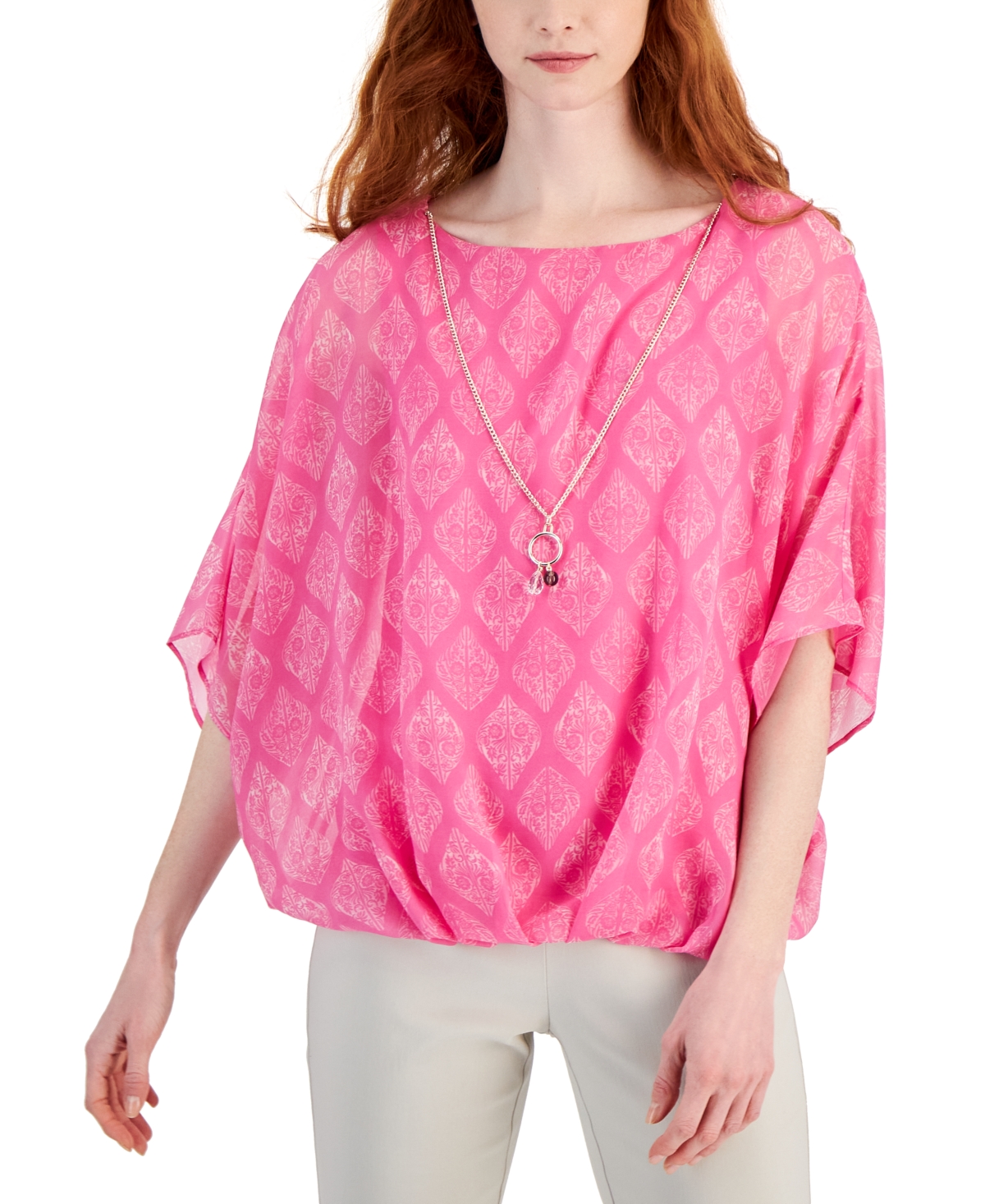 Women's Printed Poncho-Sleeve Necklace Top, Created for Macy's - Bright Pink Combo